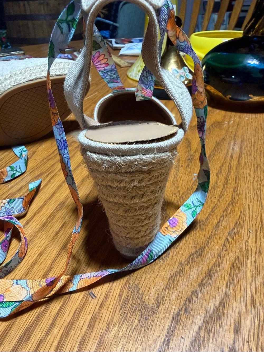 Floral Lace-Up Espadrille Wedge Sandals - Beige with Orange & Purple Floral Ties